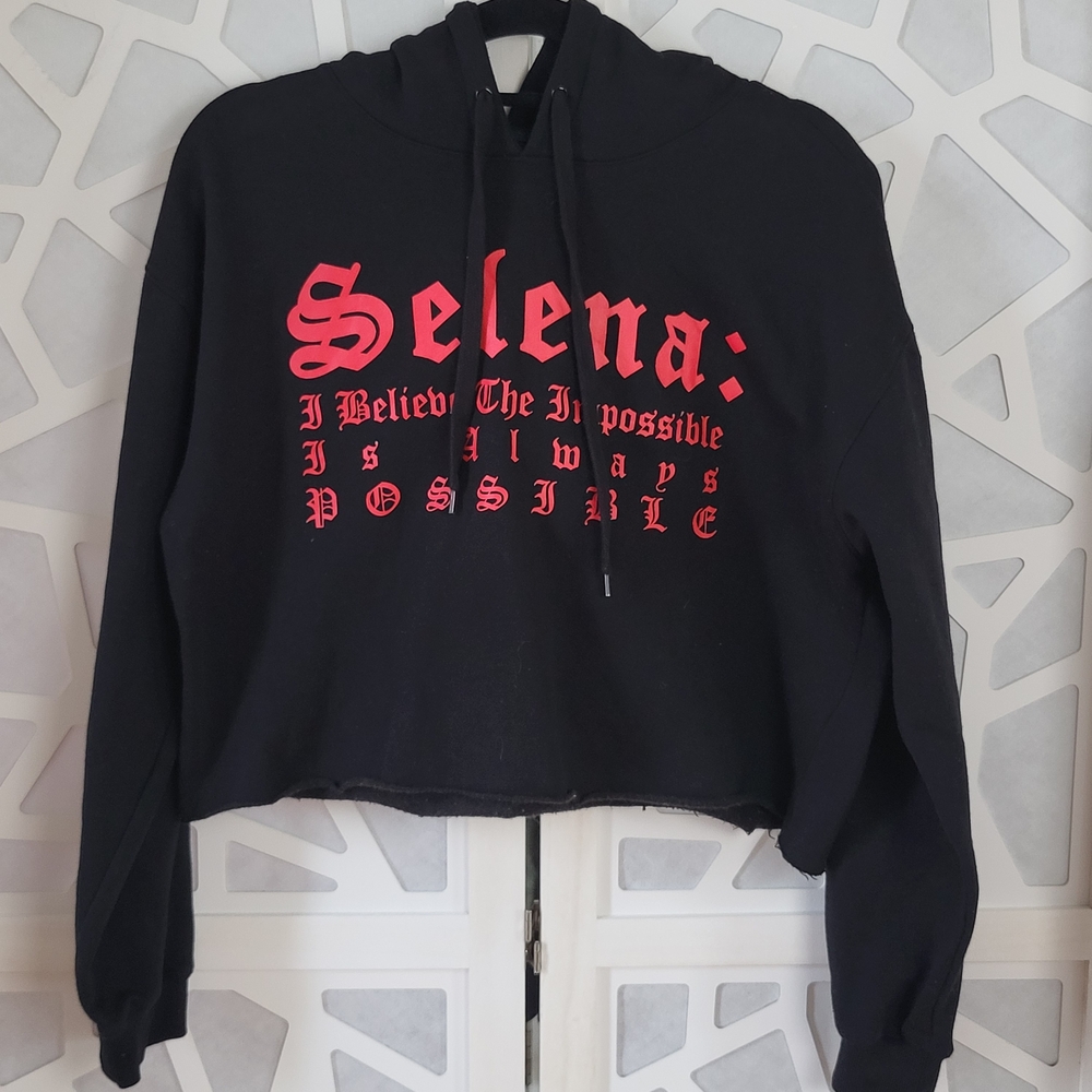 Forever 21 Black Cropped Hoodie with Red Selena Graphic